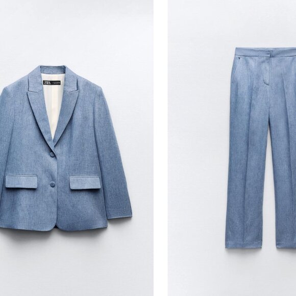 ZARA Jackets & Blazers - Sparkle in ZARA Suit- Shiny Blue Jacket & Straight Leg Pants
